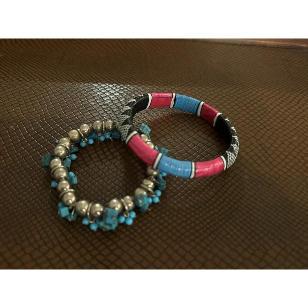 2 Bracelet Set Blue Pink Black Silver Women's Jewelry Beaded & Bangle Boho‎